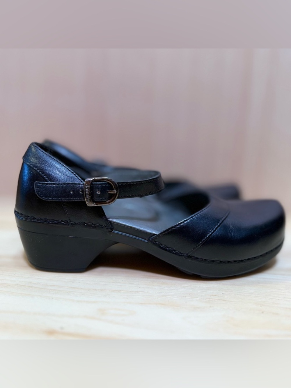 Dansko Sam Black Leather Mary Jane Heels with Buckle Strap size 39